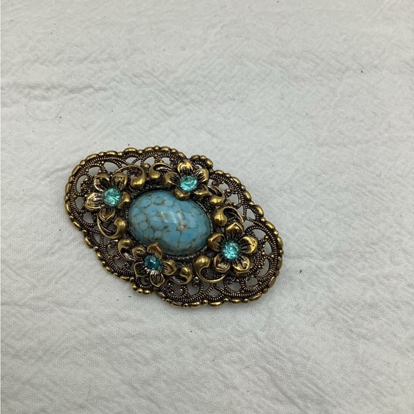 Vintage Czech Glass Brass and Rhinestone Brooch - Picture 5 of 6